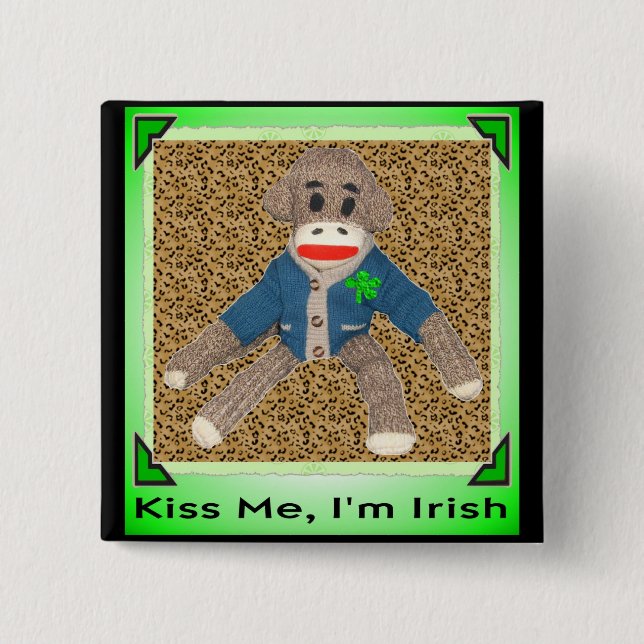 Kiss Me, I'm Irish Sock Monkey 2 Inch Square Button (Front)