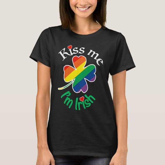 KISS ME I'M IRISH St Patricks Day Gay LGBTQ Rainbo T-Shirt (Front)