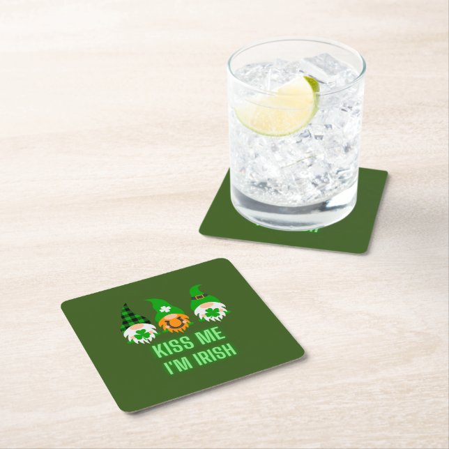 Kiss Me I'm Irish St. Patrick's Day Gnome Shamrock Square Paper Coaster (Insitu)