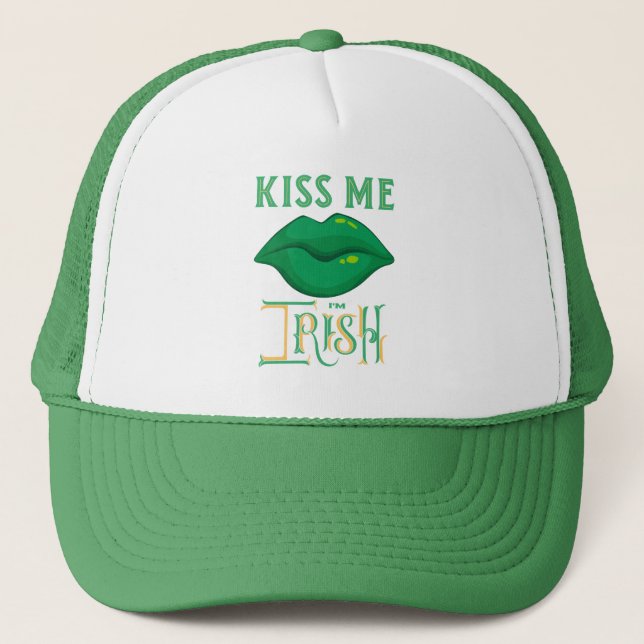 Kiss Me I'm Irish St. Patrick's Day Green Shamrock Trucker Hat (Front)