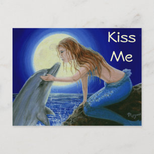 Kiss Me Mermaid & Dolphin Fantasy postcard