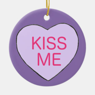 KISS ME Purple Candy Heart Valentine's Day Gift Ceramic Ornament