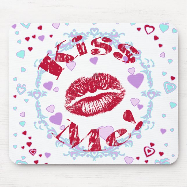 Kiss Me! Red Lips With Hearts Mouse Pad (Front)