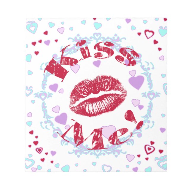 Kiss Me! Red Lips With Hearts Notepad (Front)