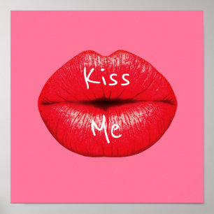 Kiss me Red Lipstick pop art lips on girly pink Poster