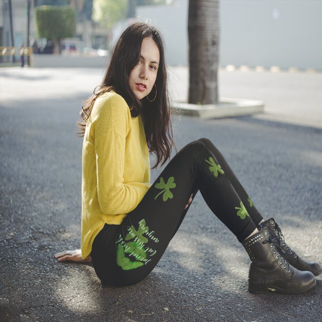 Kiss me Shamrock black Leggings (Kiss me Shamrock leggings for St Patrick's Day with yellow top)
