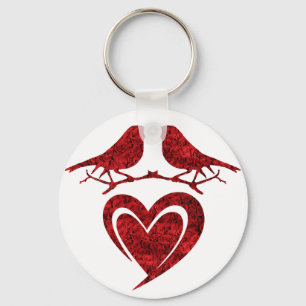 Kiss of Birds Keychain - Heart with Red Roses