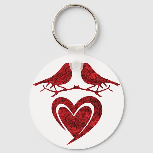 Kiss of Birds Keychain - Heart with Red Roses (Front)