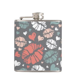 Kiss Print And Heart Pattern Hip Flask