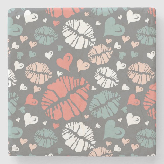 Kiss Print And Heart Pattern Stone Coaster (Front)