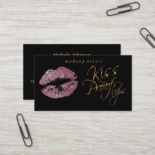 Kiss Proof Lips - Rose Glitter and Elegant Gold Business Card (Front/Back In Situ)