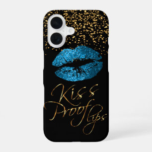 Kiss Proof with Gold Confetti & Blue Lips iPhone 16 Case