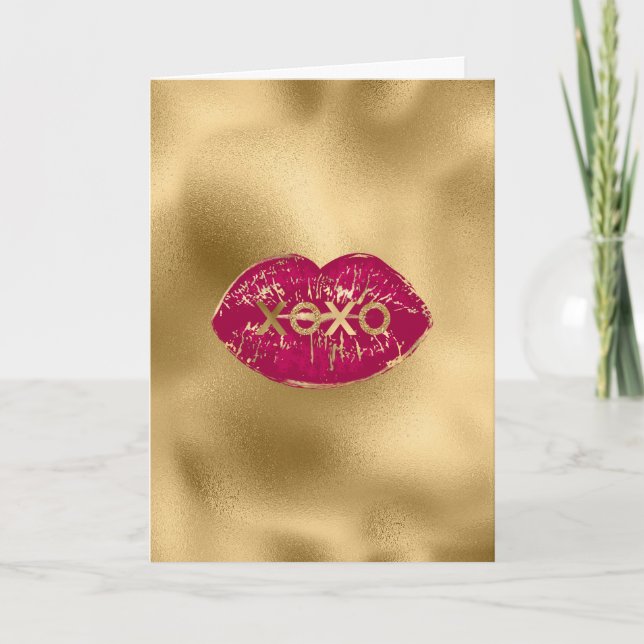 Kiss Red Lips Gold Glitter XOXO Card (Front)