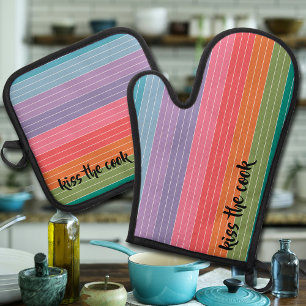 Kiss the Cook Bright Cheerful Colourful Stripes  Oven Mitt & Pot Holder Set