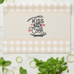 Kiss the Cook, Cream Gingham Plaid Kitchen Towel