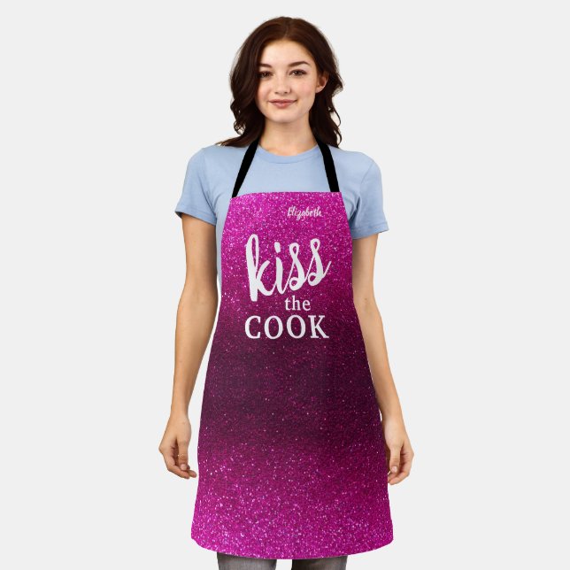 Kiss The Cook Food Chef Kitchen BBQ Baker Glitter Apron (Worn)