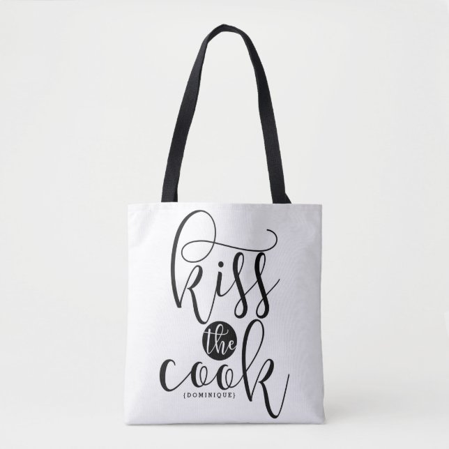 Kiss The Cook Modern Script Personalized Tote Bag (Front)