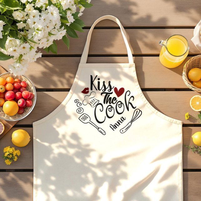 kiss the cook personalized apron (kiss the cook aprons father grilling bbq cooking chef dad gifts ideas funny quote lips heart kitchen)