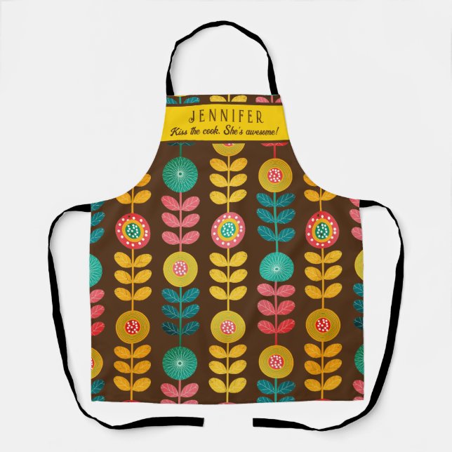 Kiss The Cook Retro Floral Pattern Personalized Apron (Front)