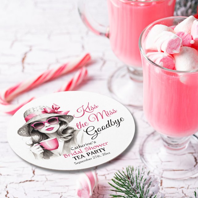 Kiss The Miss Goodbye Bridal Shower Tea Party Round Paper Coaster (Creator Uploaded)