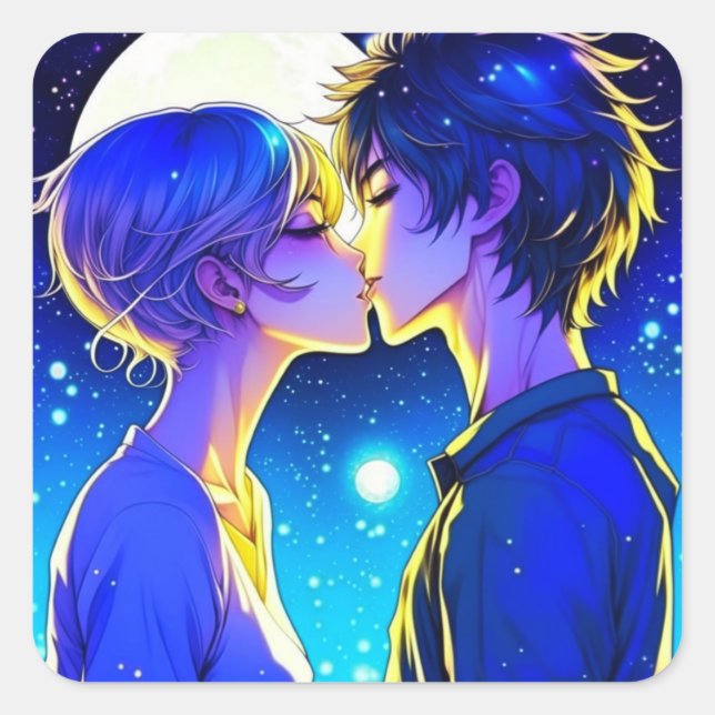 Kiss Under the Full Moon Anime Couple Square Sticker (Front)