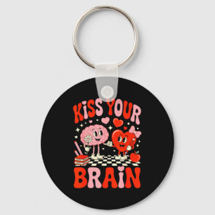 Kiss Your Brain Women Valentine's Day Retro School Keychain