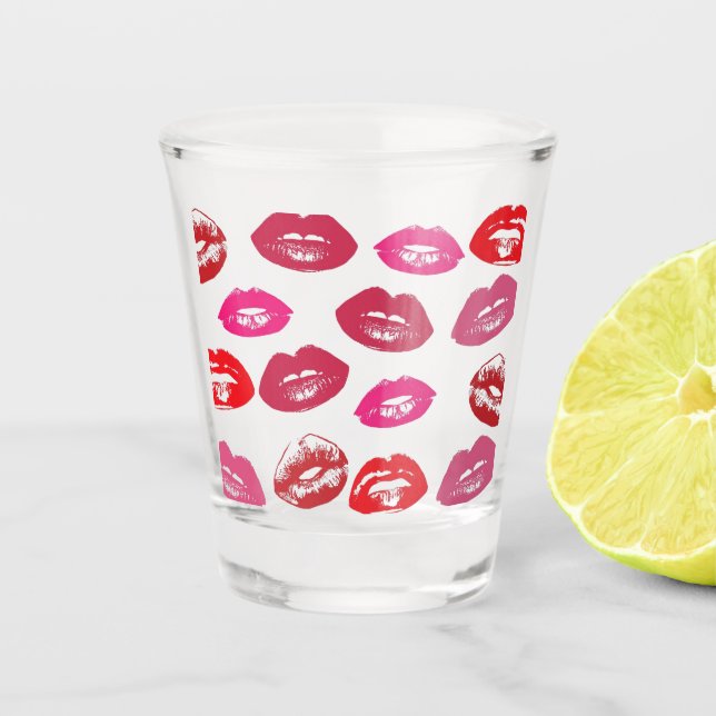 Kissable Lips (Kissing Lips, Red & Pink Lipstick) Shot Glass (Front)