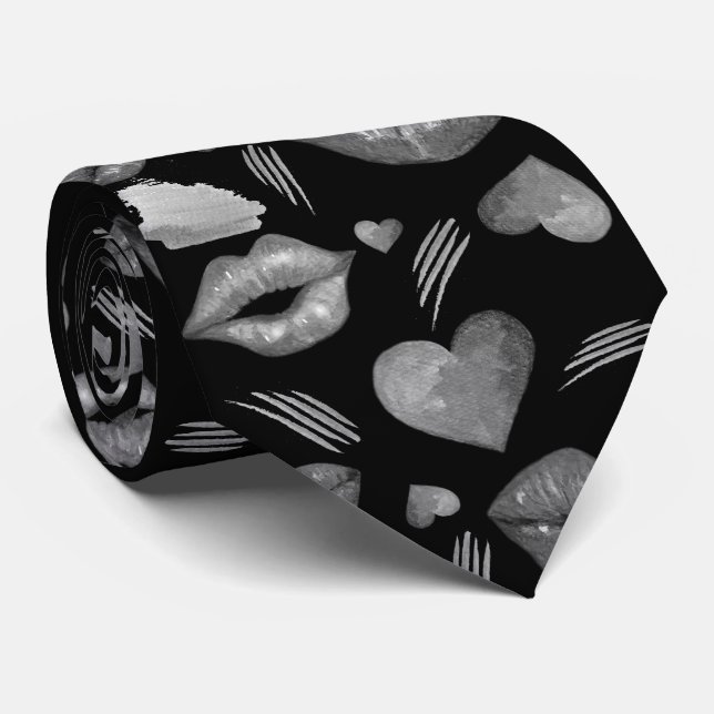 Kisses And Hearts Pattern Watercolor Tie (Rolled)
