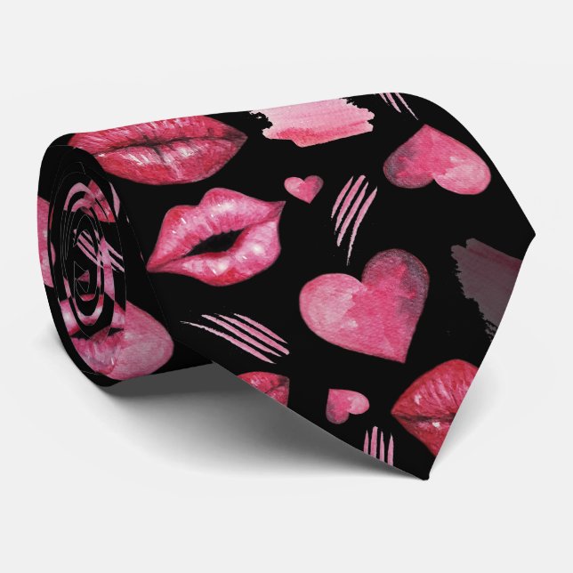 Kisses And Hearts Pattern Watercolor Tie (Rolled)