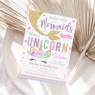Kisses and Unicorn Wishes Unicorn Mermaid Birthday Invitation