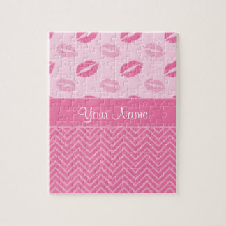 Kisses and Zig Zags Pink and White Jigsaw Puzzle
