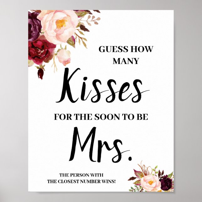 Kisses for Soon Mrs Marsala Shower Game Sign (Front)