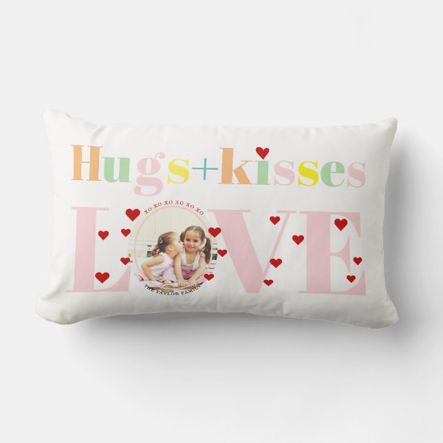 Kisses, love, hugs typography photo Valentines Day Lumbar Pillow (Front)