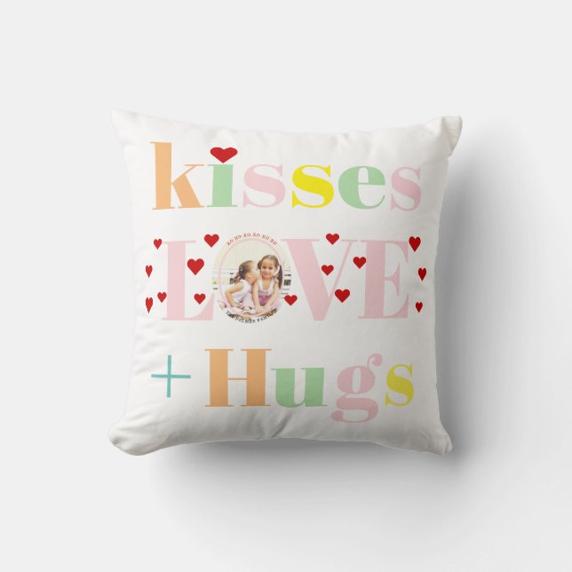 Kisses, love, hugs typography photo Valentines Day Throw Pillow (Front)