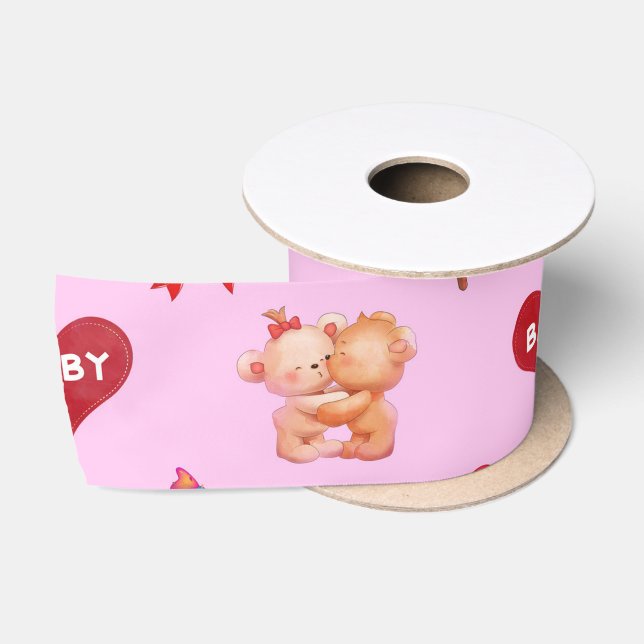 Kissing Bears Baby Hearts  Satin Ribbon (Spool)