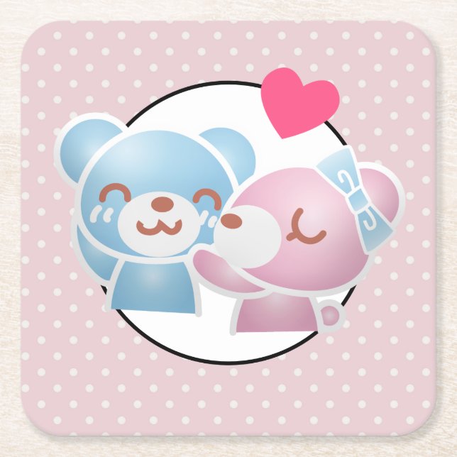 Kissing Bears Cute and Kawaii Square Paper Coaster (Front)