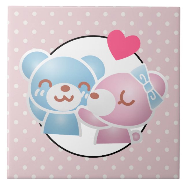 KIssing Bears on Polka Dots Cute and Kawaii Tile (Front)