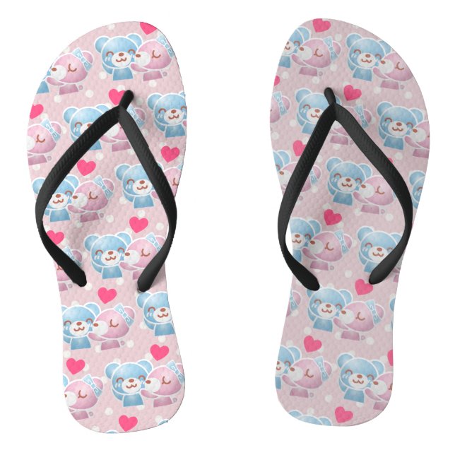 KIssing Bears on Polka Dots Pattern Cute Flip Flops (Footbed)