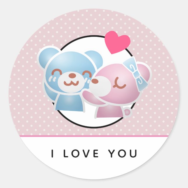 Kissing Bears Pattern on Polka Dots Classic Round Sticker (Front)