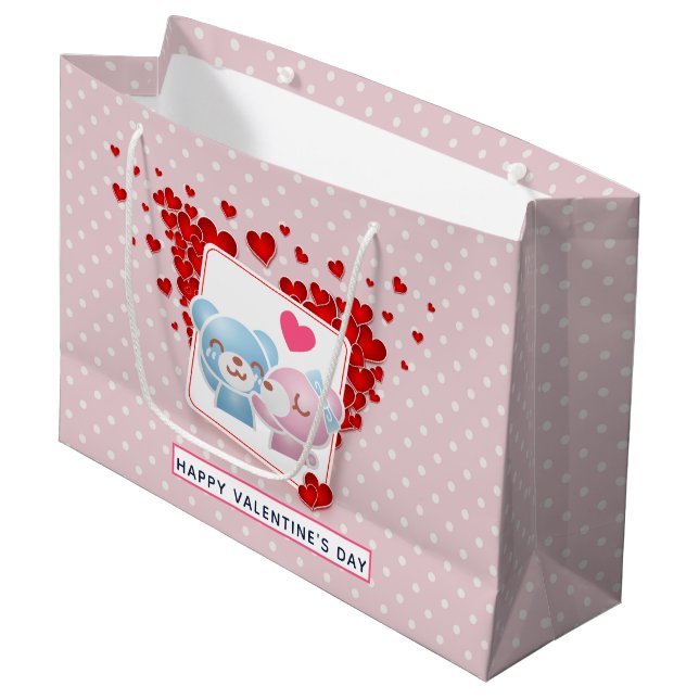 Kissing Bears with Hearts on a Polka Dot Pattern Large Gift Bag (Front Angled)