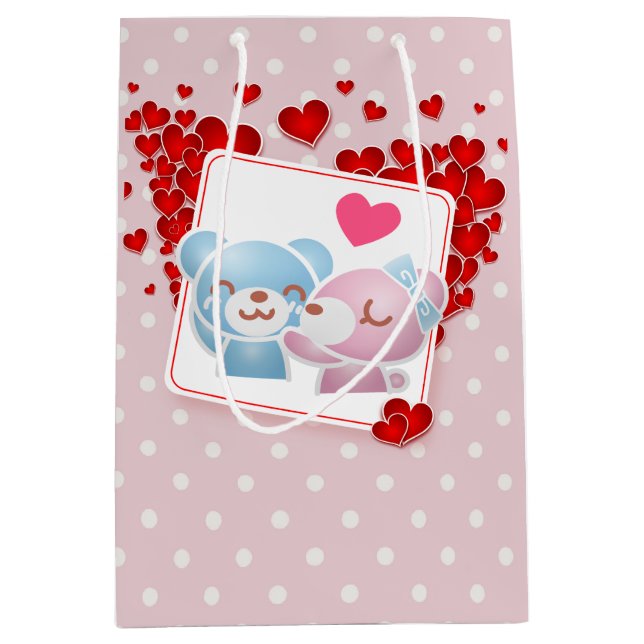 Kissing Bears with Hearts on a Polka Dot Pattern Medium Gift Bag (Front)