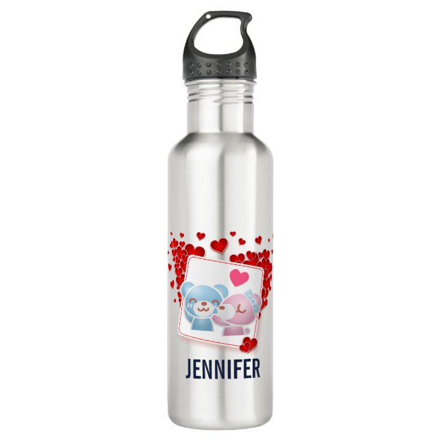 Kissing bears with Red Love Hearts All Around 710 Ml Water Bottle (Front)
