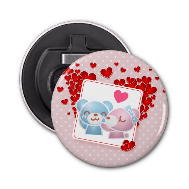 Kissing bears with Red Love Hearts All Around Bottle Opener (Front)