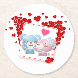 Kissing bears with Red Love Hearts All Around Round Paper Coaster