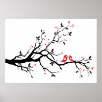 Kissing bird on tree branch with red heart leaves