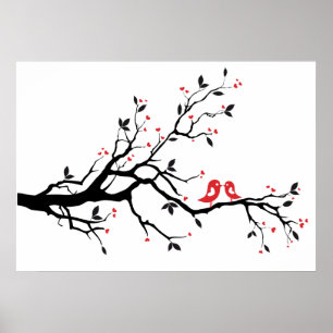 Kissing bird on tree branch with red heart leaves poster