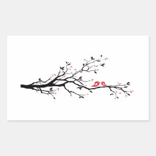 Kissing bird on tree branch with red heart leaves sticker