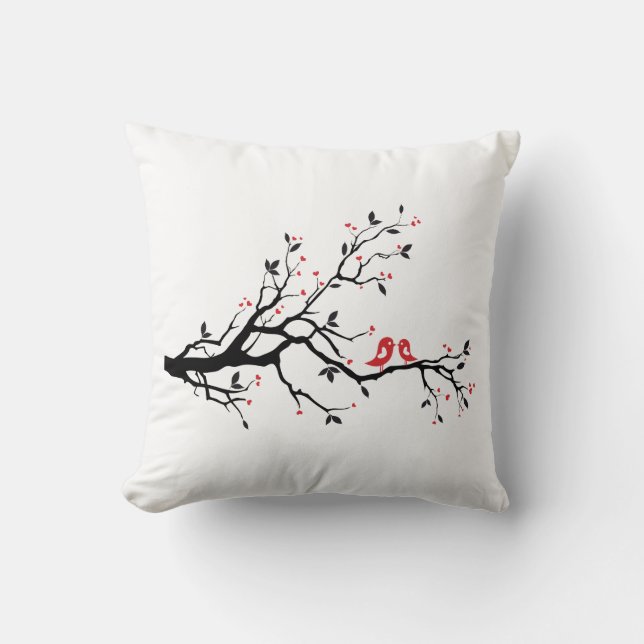 Kissing bird on tree branch with red heart leaves throw pillow (Front)