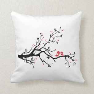 Kissing bird on tree branch with red heart leaves throw pillow
