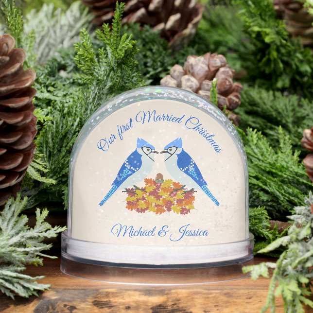 Kissing Blue Jays Fall First Married Christmas Snowglobe (Winter)